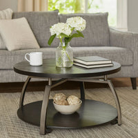 Dyn 35 Inch Round Coffee Table, 1 Shelf, Grayish Black Top, Gray Metal Leg  - BM302509