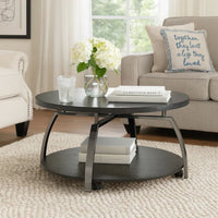 Dyn 35 Inch Round Coffee Table, 1 Shelf, Grayish Black Top, Gray Metal Leg  - BM302509