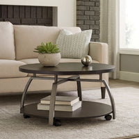 Dyn 35 Inch Round Coffee Table, 1 Shelf, Grayish Black Top, Gray Metal Leg  - BM302509