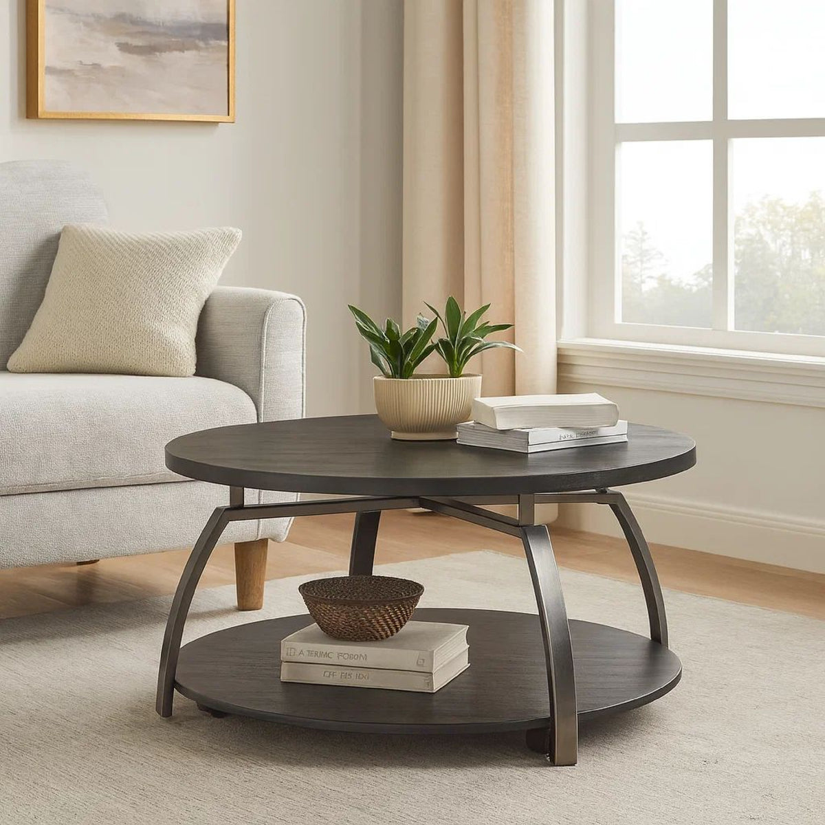 Dyn 35 Inch Round Coffee Table, 1 Shelf, Grayish Black Top, Gray Metal Leg  - BM302509