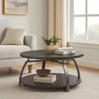 Dyn 35 Inch Round Coffee Table, 1 Shelf, Grayish Black Top, Gray Metal Leg  - BM302509