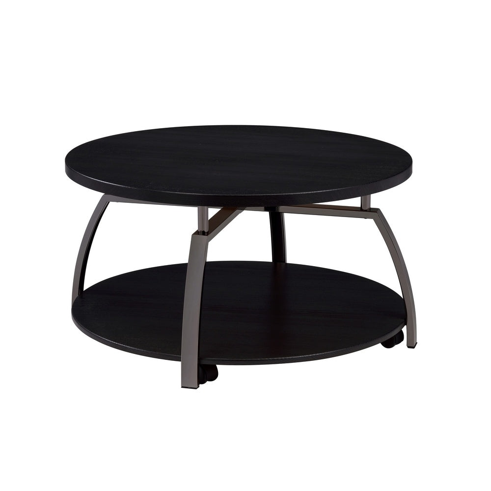 Dyn 35 Inch Round Coffee Table, 1 Shelf, Grayish Black Top, Gray Metal Leg  - BM302509
