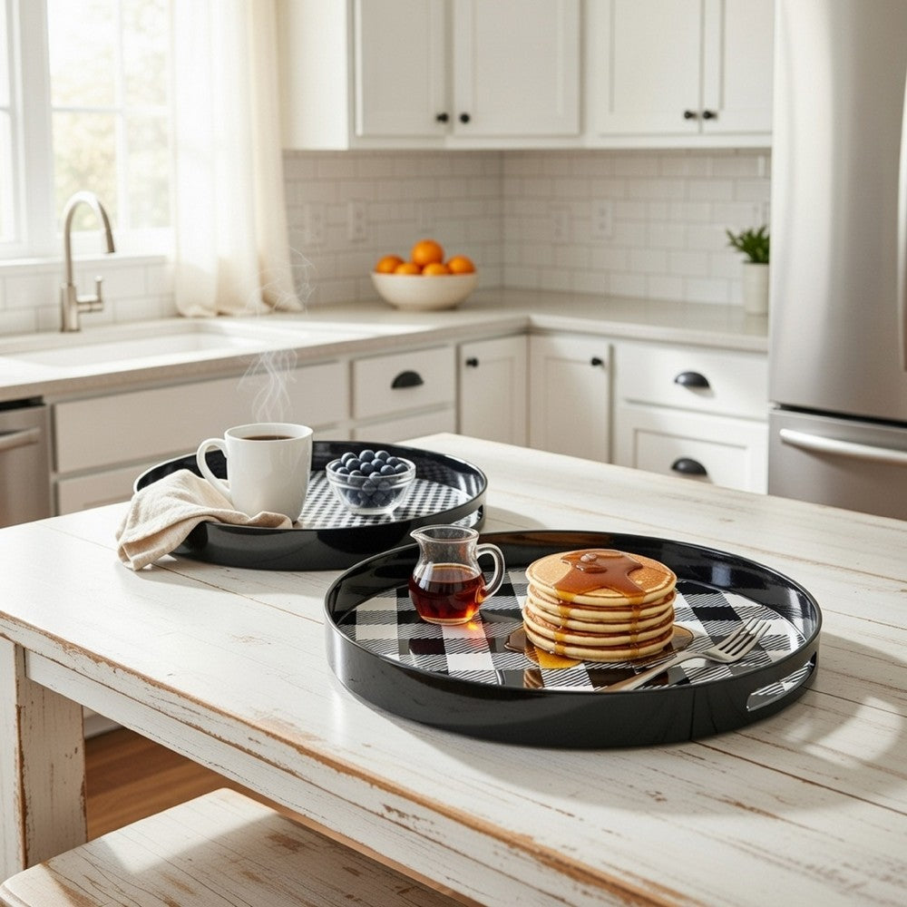 2 Piece Round Decorative Tray, Plastic Frame, Black and White Plaid Print - BM302538