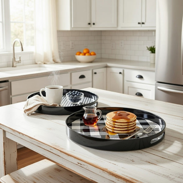 2 Piece Round Decorative Tray, Plastic Frame, Black and White Plaid Print - BM302538