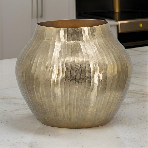 Kria 13 Inch Modern Vase, Curved Shape, Hammered Texture, Gold Metal Finish - BM302539