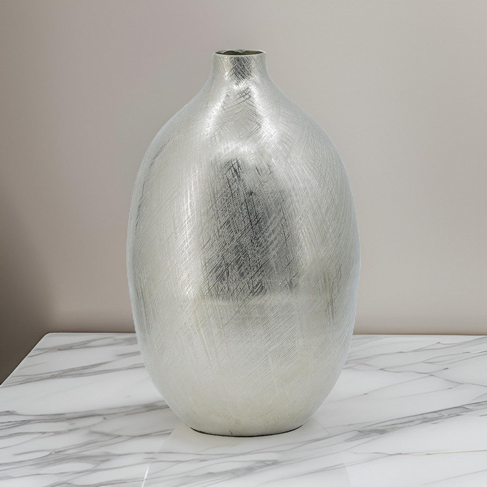 Pansy 14 Inch Modern Vase, Metal, Tall Curved Shape, Bottleneck, Silver  - BM302541