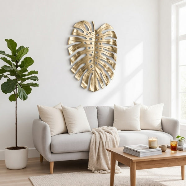 Linzo 25 Inch Metal Wall Hanging Decor, Monstera Leaf, Bright Gold Finish - BM302543