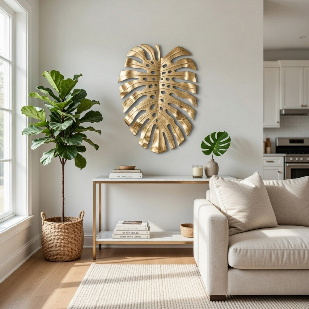 Linzo 25 Inch Metal Wall Hanging Decor, Monstera Leaf, Bright Gold Finish - BM302543