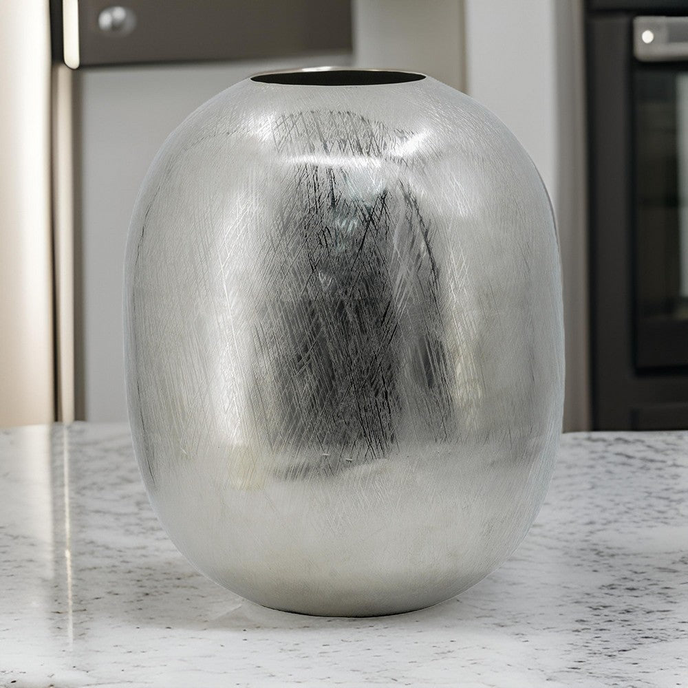 Chan 13 Inch Modern Metal Vase, Curved Round Shape, Metallic Silver Finish - BM302545