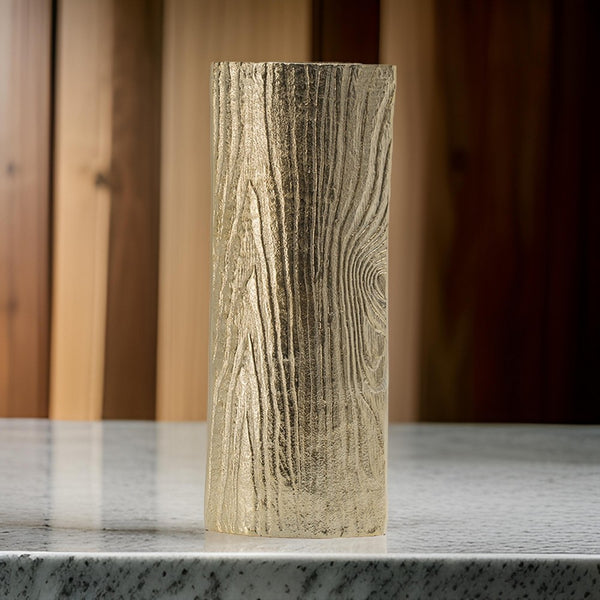 15 Inch Modern Vase, Naturalistic Tree Trunk Texture, Shiny Gold Finish - BM302551