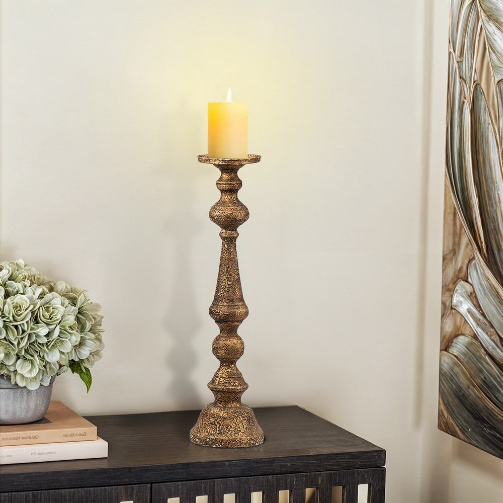 Mia 24 Inch Pillar Candle Holder, Antique Brass Metal, Turned Pedestal - BM302560