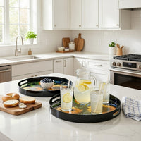 2 Piece Modern Decorative Trays, Round Plastic Frame, Sunflower Motifs  - BM302562