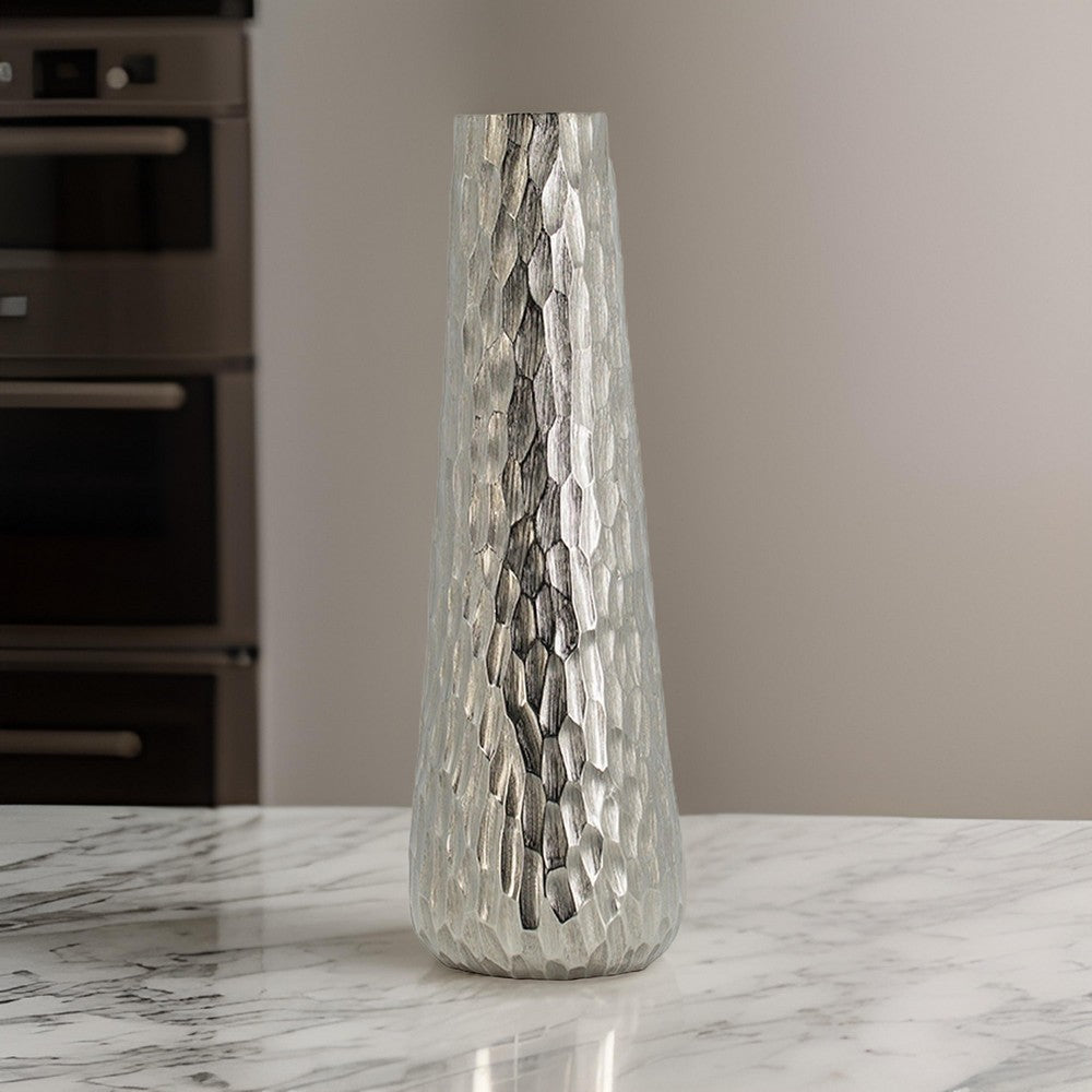 19 Inch Contemporary Tall Oblong Vase, Silver Aluminum, Hammered Texture - BM302566