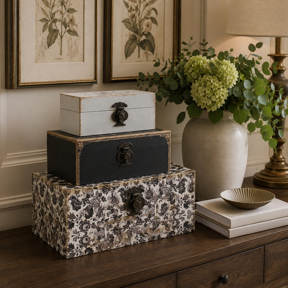 Leo Set of 3 Storage Boxes, Vegan Leather Lining, Ornate Printed Designs - BM302570