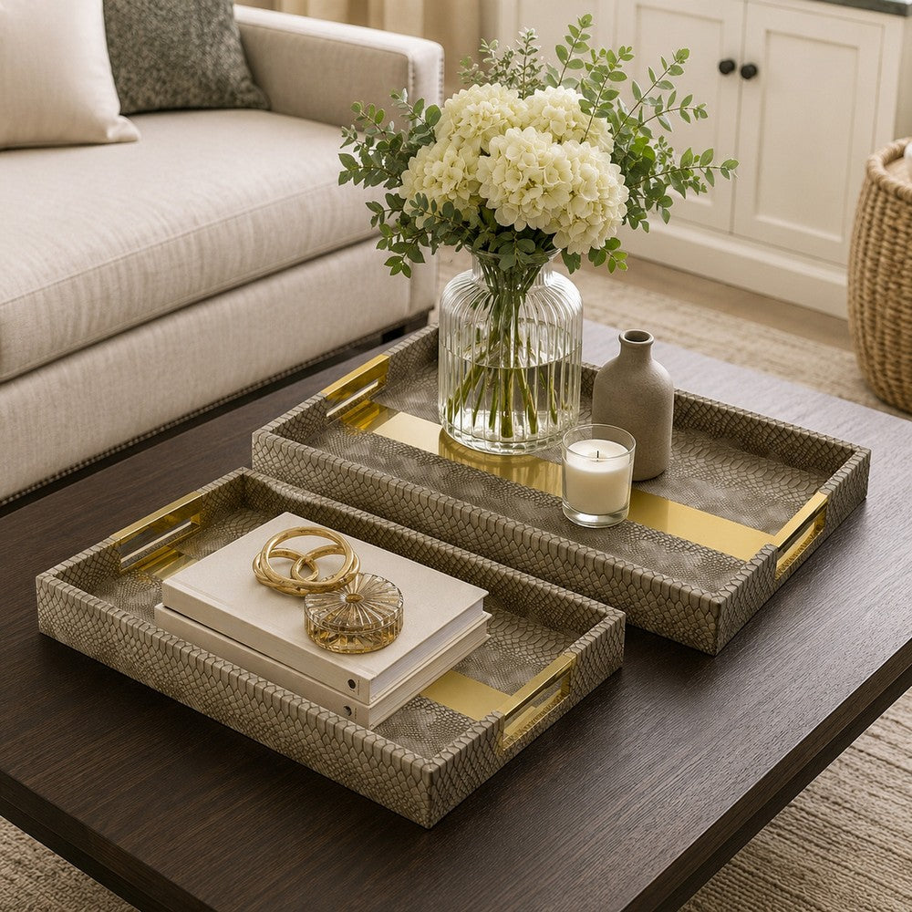 Set of 2 Textured Nesting Trays, MDF Frame, Vegan Faux Leather, Flannel - BM302571