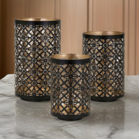 Set of 3 Rounded Iron Candle Holder Lanterns, Matte Black Gold Latticework - BM302575