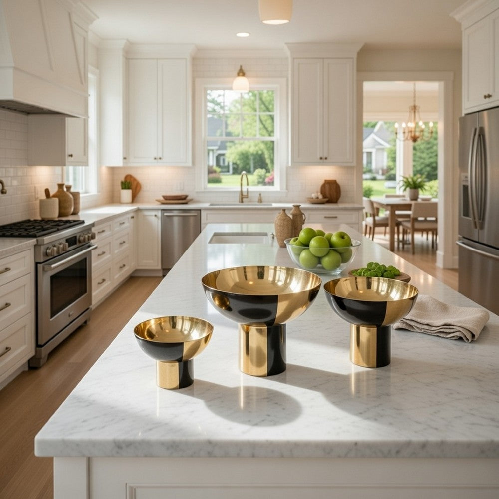 Set of 3 Round Bowls, Black and Gold Aluminum Finish, Sturdy Metal Stand - BM302584