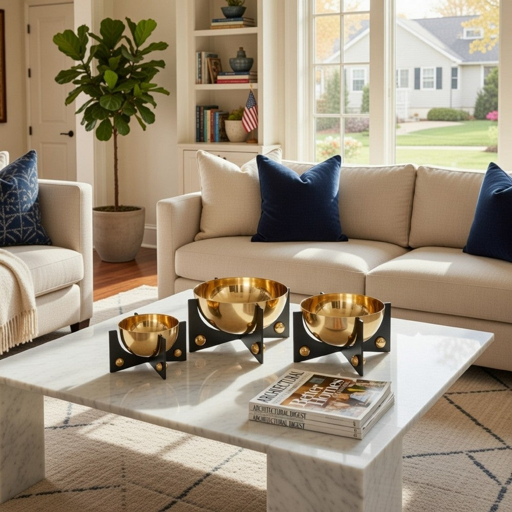 Set of 3 Aluminum Round Decorative Bowls, Gold Finish, Jet Black Stand - BM302590