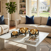 Set of 3 Aluminum Round Decorative Bowls, Gold Finish, Jet Black Stand - BM302590
