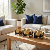 Set of 3 Aluminum Round Decorative Bowls, Gold Finish, Jet Black Stand - BM302590