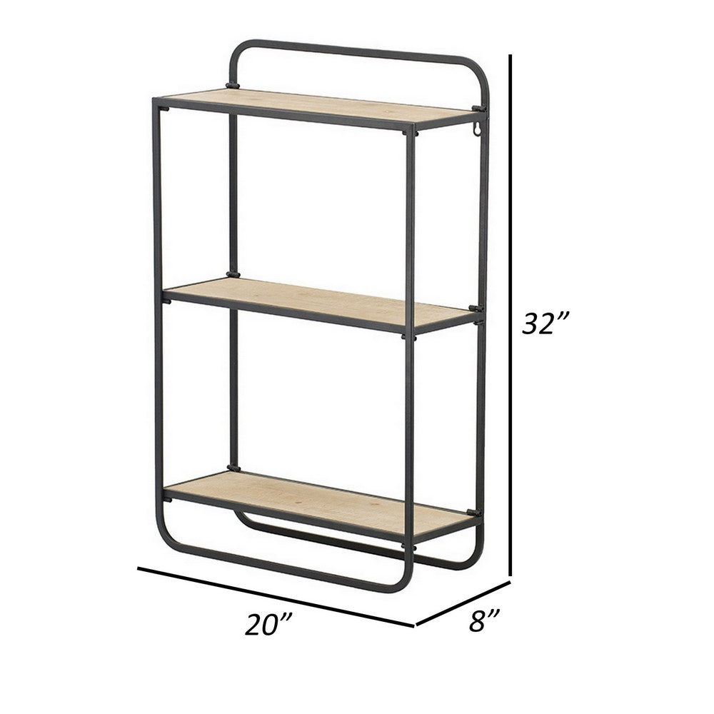 32 Inch Shelving Unit, Black Curved Iron Frame, Three Fir Wood Shelves - BM302601