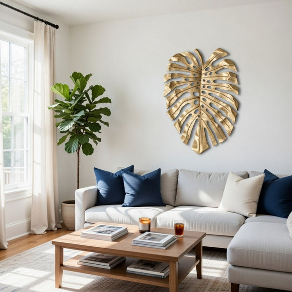 Linzo 19 Inch Aluminum Wall Hanging Bowl, Monstera Leaf, Bright Gold Finish - BM302603