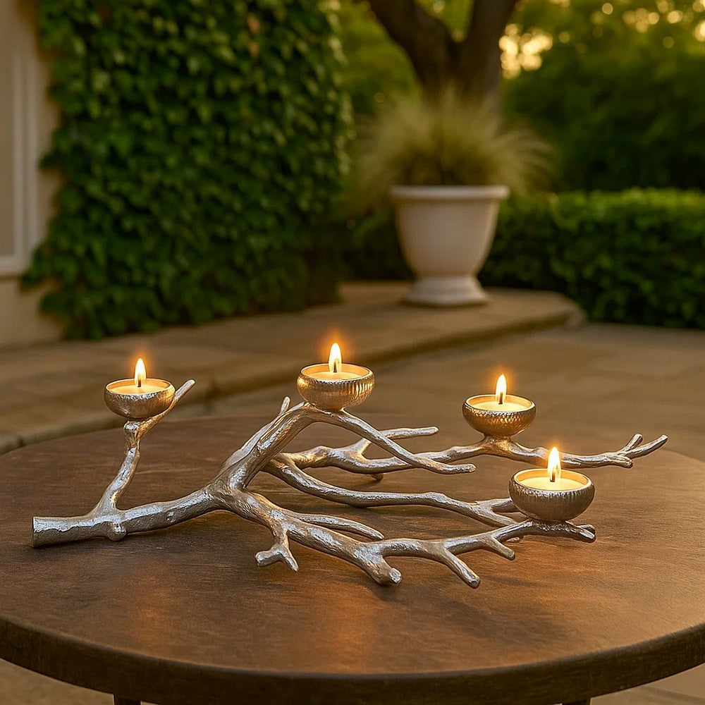 23 Inch Metal Tea Light Holder, Tree Branch Design, 4 Candle Slots, Silver - BM302608