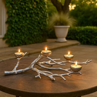 23 Inch Metal Tea Light Holder, Tree Branch Design, 4 Candle Slots, Silver - BM302608
