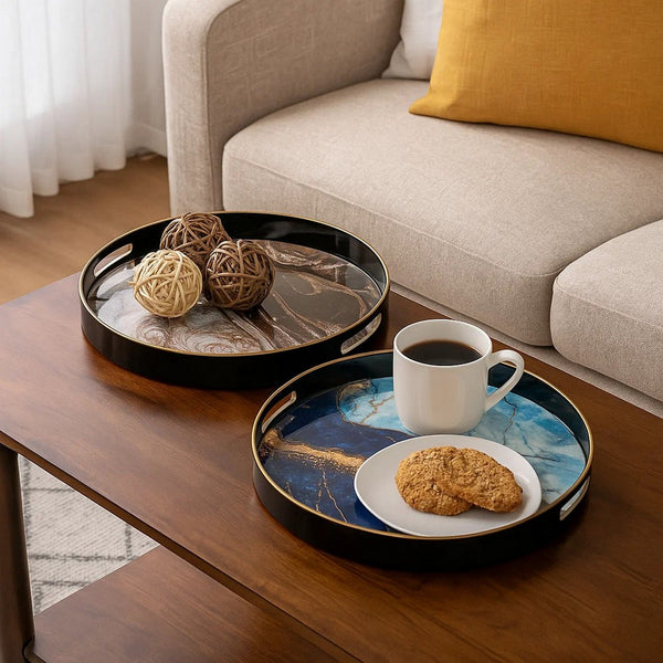 Set of 2 Round Decorative Trays, Tall Rims, Faux Marble, Blue, Gold - BM302609