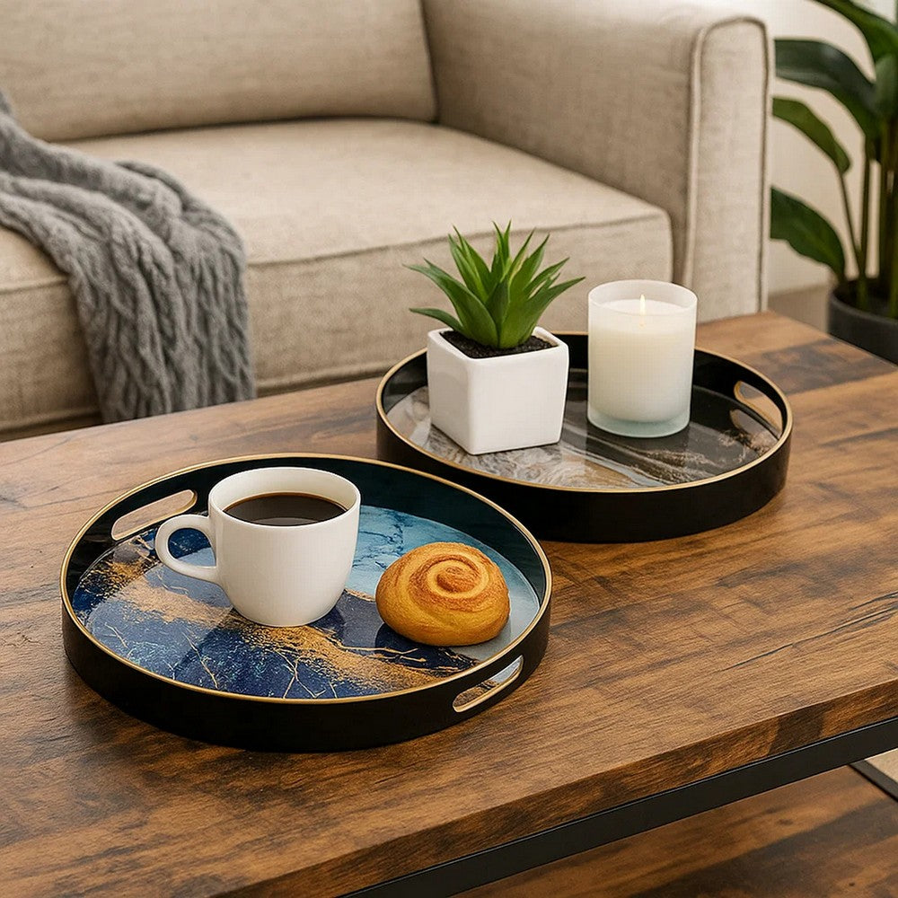 Set of 2 Round Decorative Trays, Tall Rims, Faux Marble, Blue, Gold - BM302609