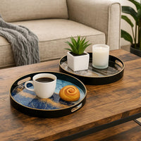 Set of 2 Round Decorative Trays, Tall Rims, Faux Marble, Blue, Gold - BM302609