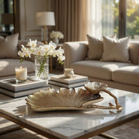 14 Inch Double Leaf Decorative Bowl, Firm Aluminum, Textured Gold Finish - BM302611