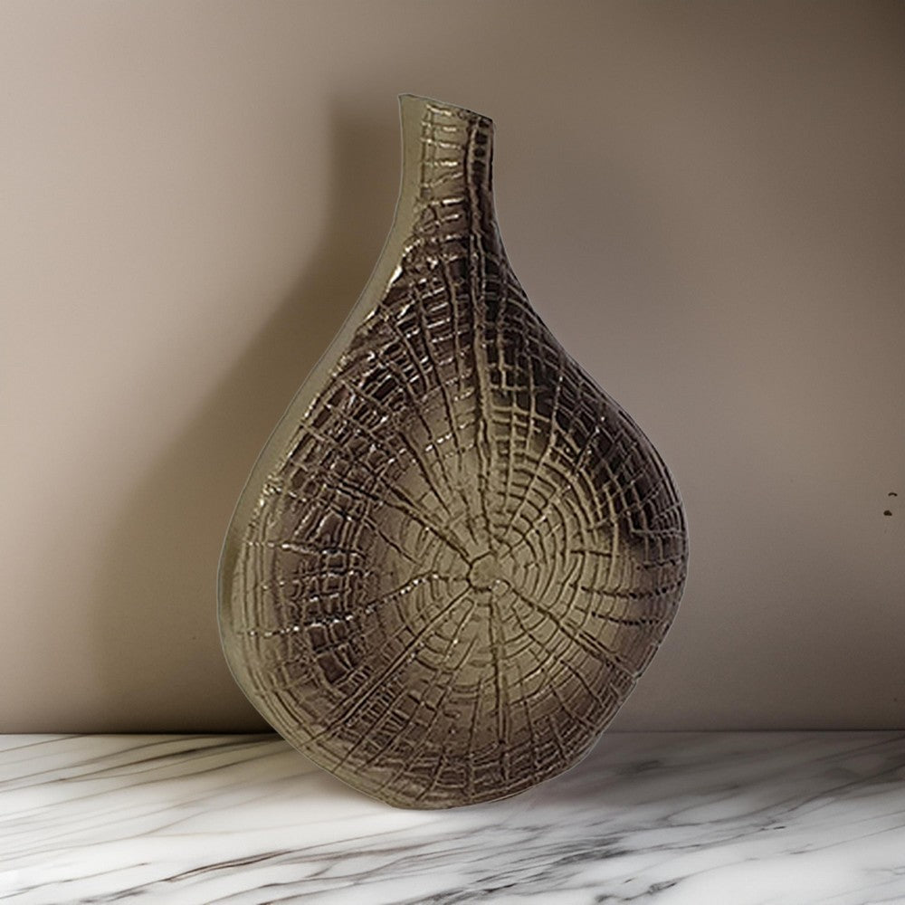 Zelo 11 Inch Decorative Vase, Aluminum, Webbed Design, Bottleneck, Gold - BM302622