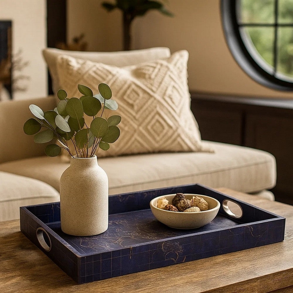 25 Inch Set of 2 Rectangular Decorative Trays, Gold Map Design, Deep Blue - BM302624