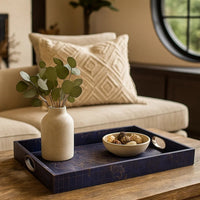 25 Inch Set of 2 Rectangular Decorative Trays, Gold Map Design, Deep Blue - BM302624