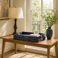 25 Inch Set of 2 Rectangular Decorative Trays, Gold Map Design, Deep Blue - BM302624