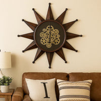 28 Inch Round Wall Clock, Sun Shaped Frame, Rich Brown, Bold Jet Black - BM302626
