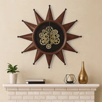28 Inch Round Wall Clock, Sun Shaped Frame, Rich Brown, Bold Jet Black - BM302626