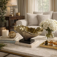 15 Inch Curved Shell Decorative Bowl, Aluminum, Square Base, Gold and Black - BM302630