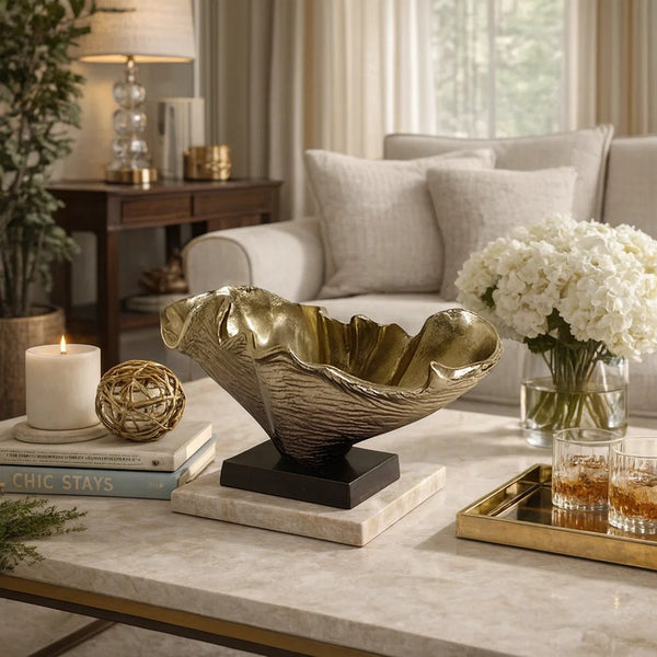 15 Inch Curved Shell Decorative Bowl, Aluminum, Square Base, Gold and Black - BM302630