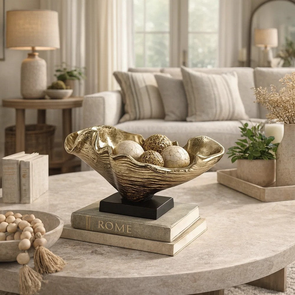 15 Inch Curved Shell Decorative Bowl, Aluminum, Square Base, Gold and Black - BM302630