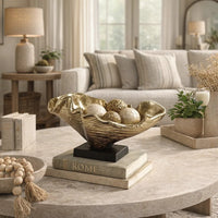 15 Inch Curved Shell Decorative Bowl, Aluminum, Square Base, Gold and Black - BM302630