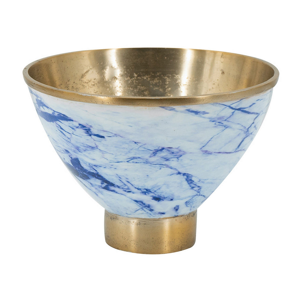 10 Inch Decorative Bowl, Brushed Gold, Marble Inspired Blue, Aluminum - BM302666