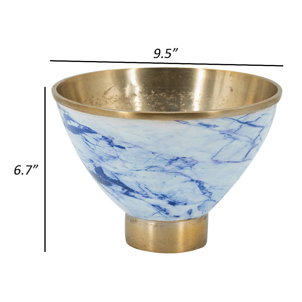 10 Inch Decorative Bowl, Brushed Gold, Marble Inspired Blue, Aluminum - BM302666