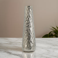 23 Inch Tall Oblong Vase, Diamond Textured, Tapered, Aluminum, Silver - BM302673