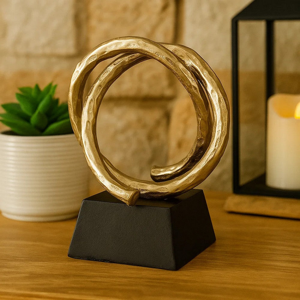 10 Inch Modern Table Sculpture, Bright Gold Aluminum, Intertwined Ring Loop - BM302689