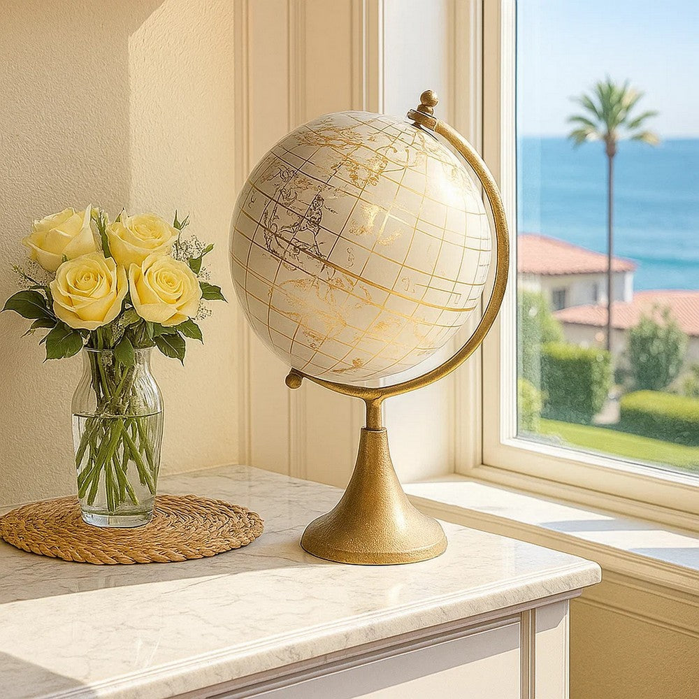 15 Inch Modern Accent Globe, Smooth Turning, White With Gold Aluminum Stand - BM302695