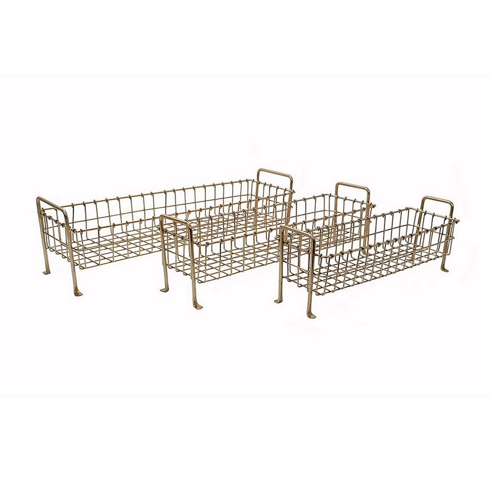19, 22, 25 Inch Rectangular Trays, Set of 3, Wire Mesh Construction, Gold - BM302702