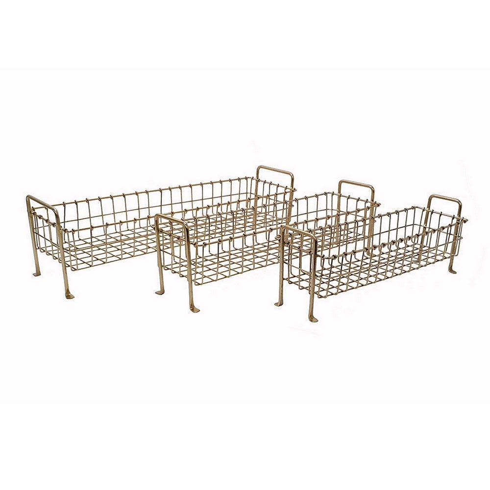 19, 22, 25 Inch Rectangular Trays, Set of 3, Wire Mesh Construction, Gold - BM302702