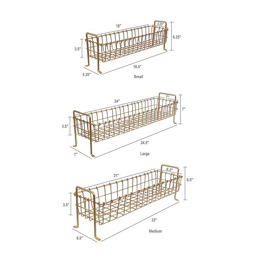 19, 22, 25 Inch Rectangular Trays, Set of 3, Wire Mesh Construction, Gold - BM302702